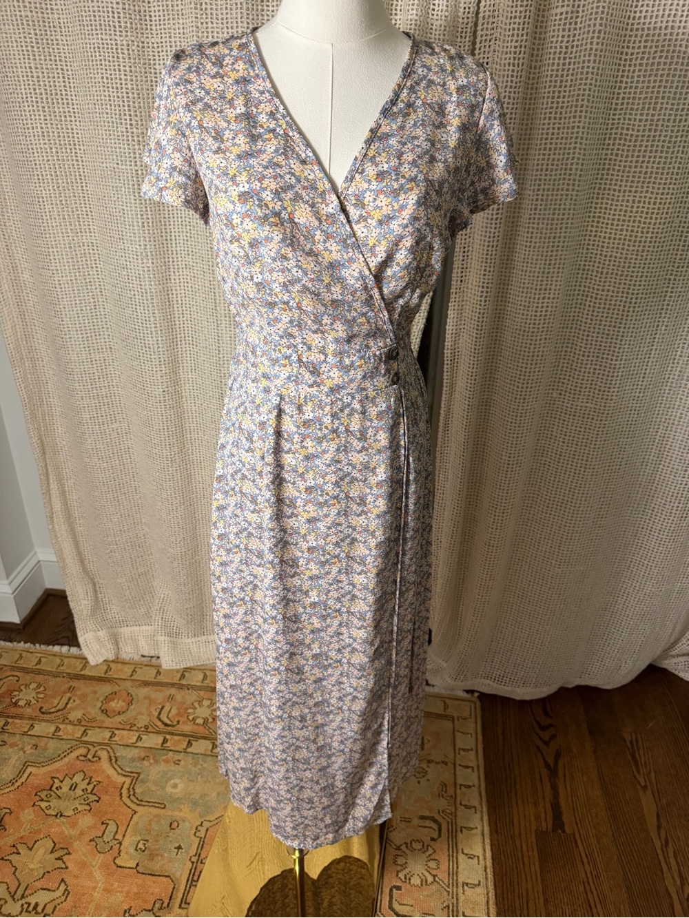 Sienna Sky Pastel Floral Wrap Midi Dress - Light Blue & Cream NWT